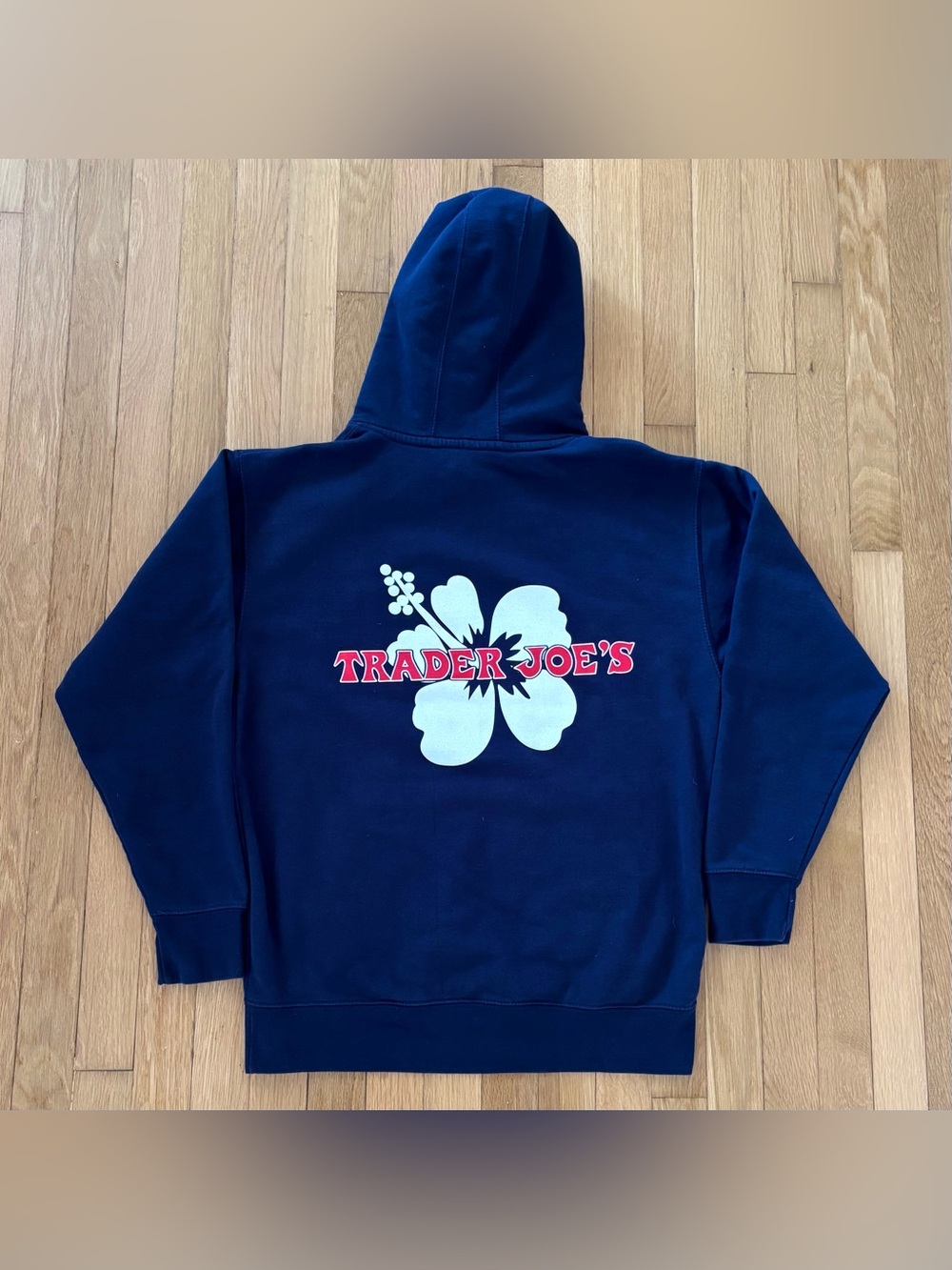 Vintage Trader Joes Employee Issue Hoodie Hibiscus Flower Navy Blue Large